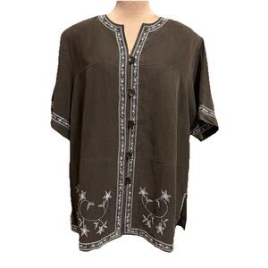 New Dressbarn Kimono Blouse Momcore Brown Silk Linen Embroidery Granny Sz 20W